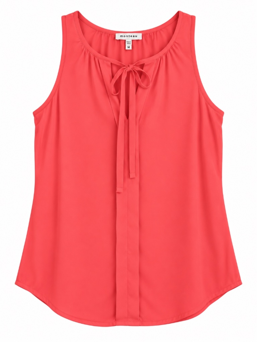 Monteau Coral Orange Red Flowy Sleeveless Tie Neck Keyhole Blouse Top | Medium